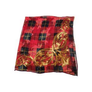 Bill Blass Scarf Red Black Gold Floral Plaid Scrolls Square 30"